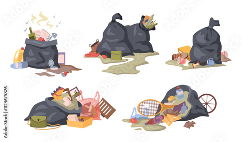 City trash bags, isolated bad smelling waste and discarded matters. Vector rotting garbage in rubbish bag or street dustbins. Full accumulation of dumpster, overflow trashcan. Smell and odor