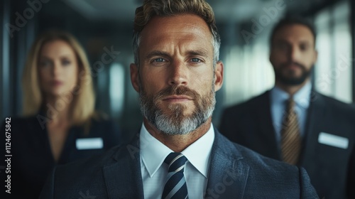 A confident businessman in a suit and tie stands in focus, flanked by two team members, against a professional setting, embodying leadership and teamwork.