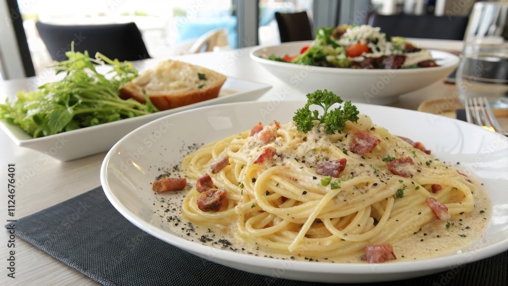 Creamy spaghetti carbonara served with fresh salad and bread Creamy spaghetti carbonara served with fresh salad and bread