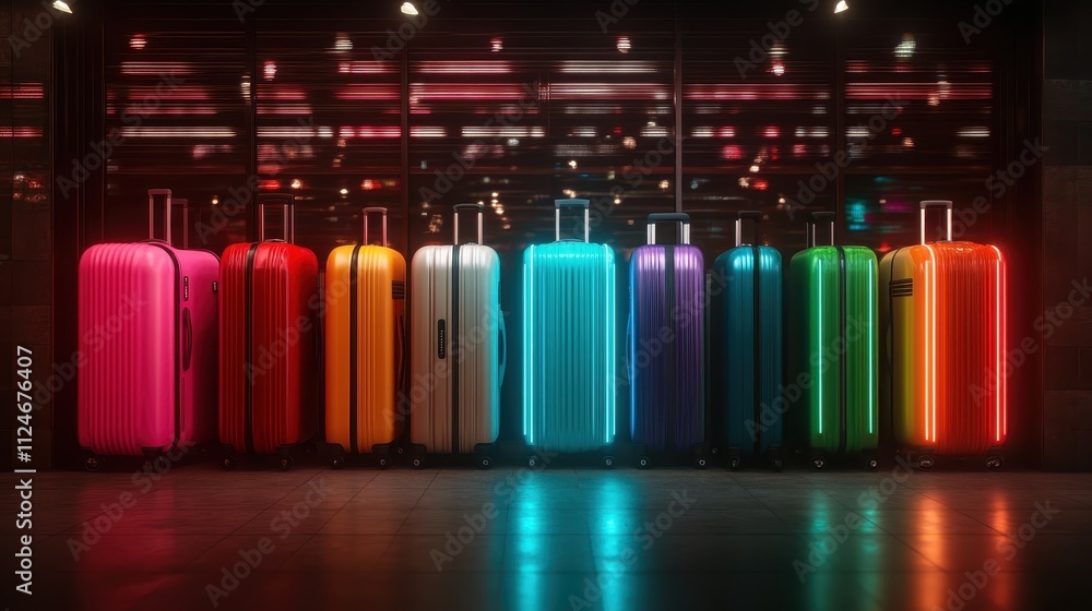 A striking array of neon-colored suitcases lined up in a store, each exuding a bright and energetic allure under the artificial lighting creating a vivid display. A striking array of neon-colored suitcases lined up in a store, each exuding a bright and energetic allure under the artificial lighting creating a vivid display.