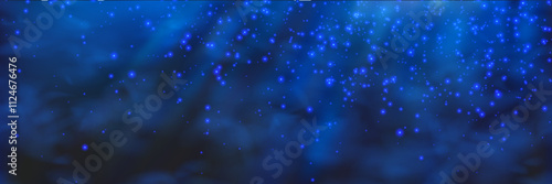 Under water soft dark blue gradation bg with glowing particles, texture and overlay effects. Dark background with photo fluorescent plankton and microorganisms. Gradient mesh vector illustration