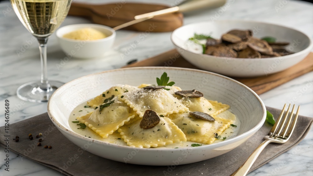 Decadent truffle ravioli served in a polished ceramic bowl Decadent truffle ravioli served in a polished ceramic bowl