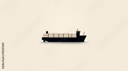 A simple line-drawing of a cargo ship, just the outline of the hull and cargo containers visible. Cargo ship minimalist design.