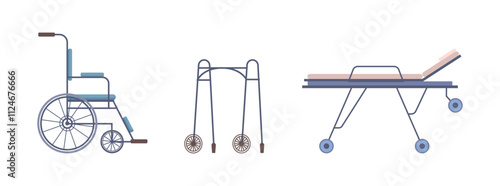 Mobility aids or assistive devices for disabled or elderly people. Vector wheelchair, walker and bed with wheels for clinic and hospital. Medical rehabilitation, hospital equipment for disabled person