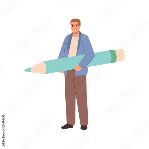 Man copywriter or author holding big blue pencil, vector cartoon character in flat style. Draftsman or screenwriter or student, office worker ready to answer on questionnaire, art notes