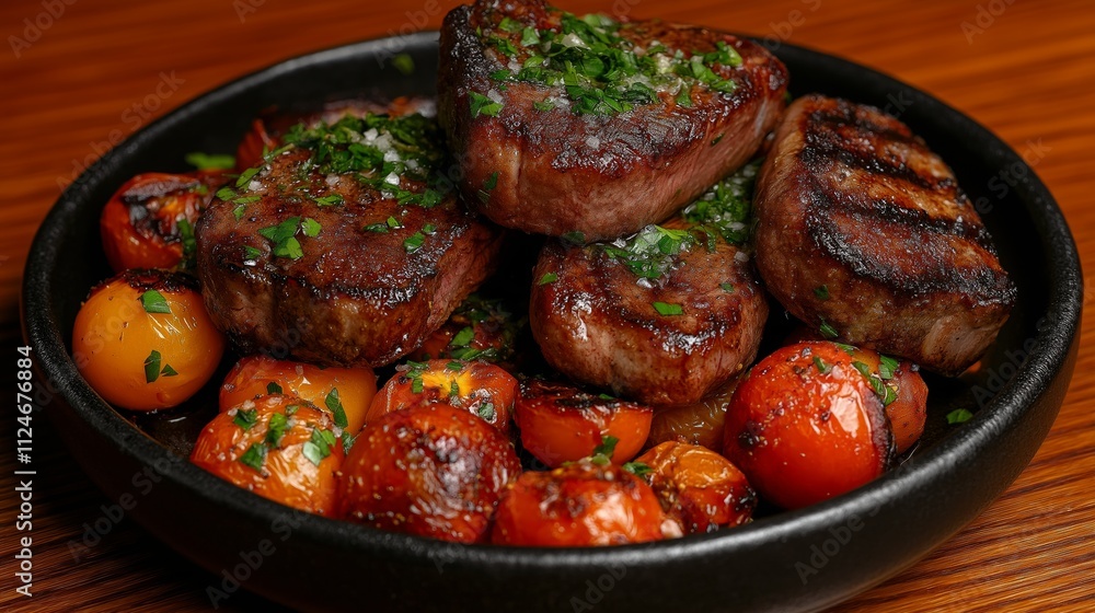 Tender lamb chops resting on a bed of grilled peppers and tomatoes, with a sprinkle of sumac. Tender lamb chops resting on a bed of grilled peppers and tomatoes, with a sprinkle of sumac.