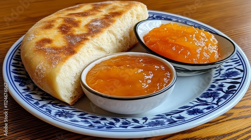 Sweet apricot preserve served with a piece of freshly baked Armenian matnakash bread. photo