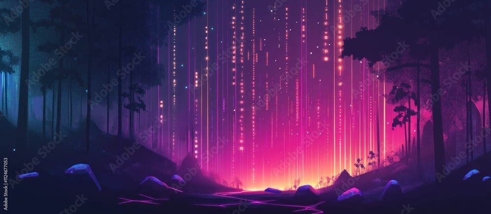 Naklejka premium A cyberpunk-inspired digital landscape with binary code streams glowing in neon, dark background with radiant light lines showcasing the flow of information