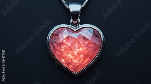 A beautiful heart-shaped pendant featuring a faceted pink gem, set in a sleek silver frame, illuminated against a dark background.