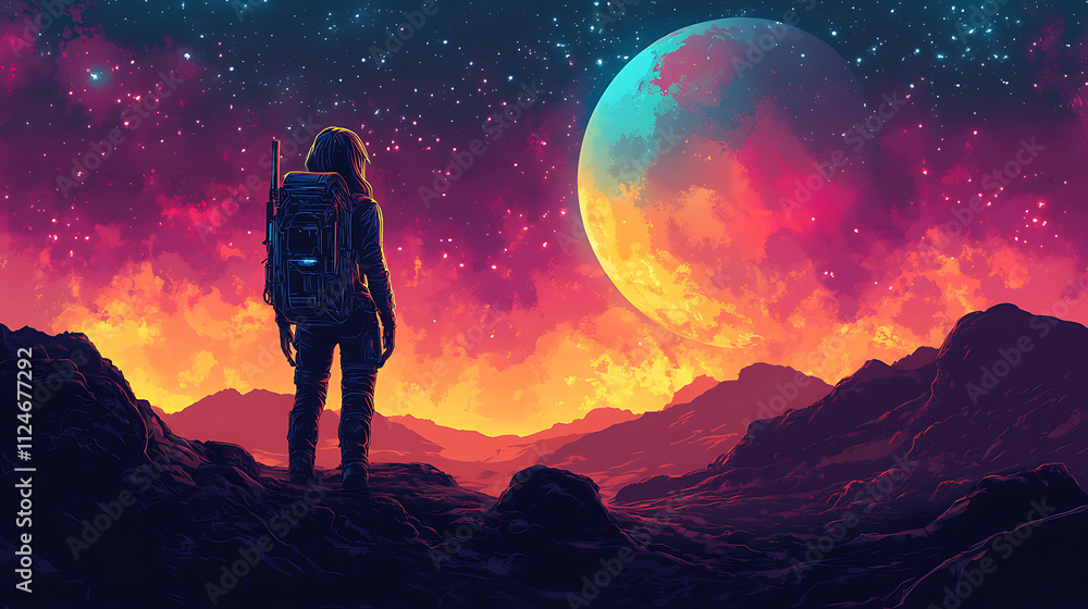 Solitary Wanderer Underneath an Alien Sky: A Cosmic Journey Across a Vibrant Landscape Solitary Wanderer Underneath an Alien Sky: A Cosmic Journey Across a Vibrant Landscape
