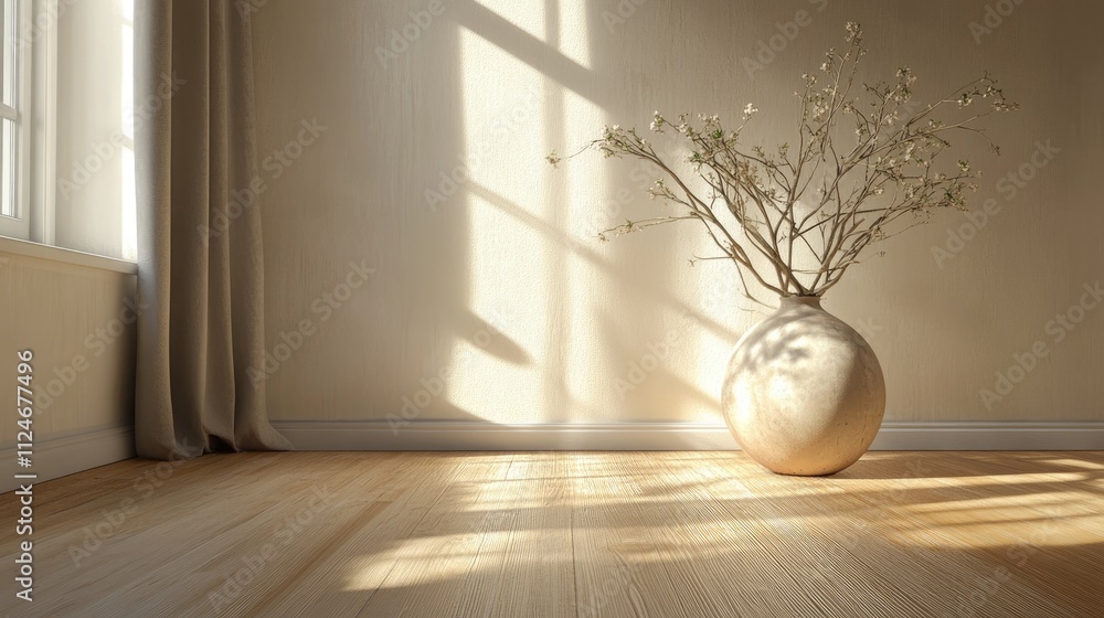 A small room with a wooden floor and a vase with a tree branch in it. The room has a light and airy feel to it A small room with a wooden floor and a vase with a tree branch in it. The room has a light and airy feel to it