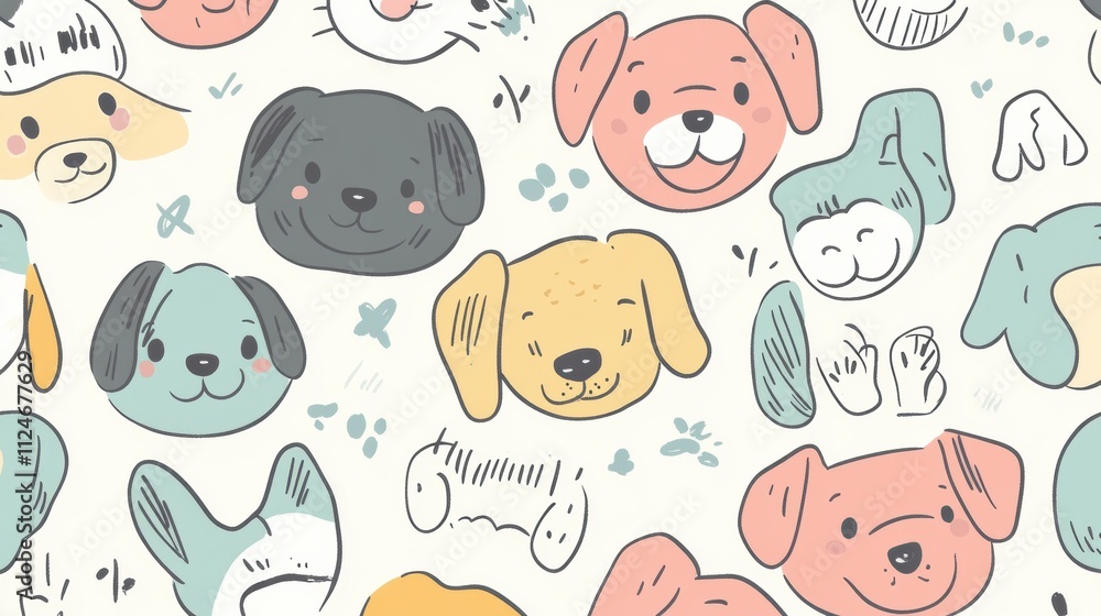 Fototapeta premium This creative design showcases a variety of cheerful dog faces in a playful doodle style, complete with clear copy space. Generative AI