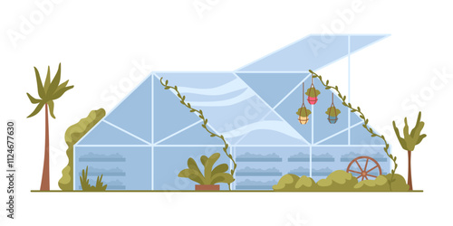 Glass greenhouse, isolated hothouse with hanging exotic plants. Vector flat florist production, growth of tropical flora. Gardening and farming business, horticulture hobby, cultivation of vegetation