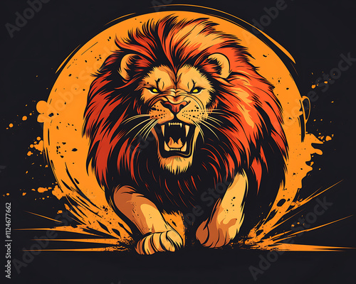 Magnificent Roaring Lion in Fiery Orange Circle: A Powerful Vector Illustration photo