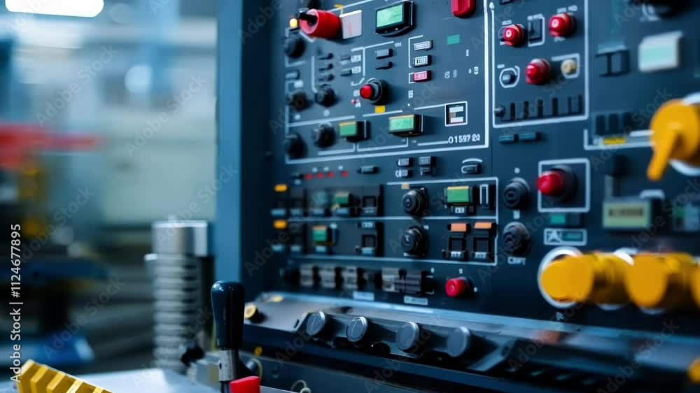 Close up on an industrial control panel with many buttons and lights changing values. In the background, a blurred factory Close up on an industrial control panel with many buttons and lights changing values. In the background, a blurred factory