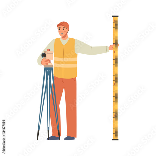 Geodesist or geodetic surveyor with tripod and measuring tape. Vector flat cartoon character, isolated man in uniform working in geodesy field, estimation with help of professional tools