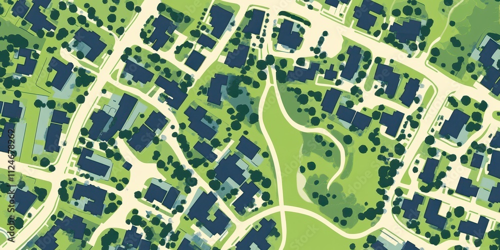Obraz premium Clean and simple map of a suburban neighborhood with parks, schools, and roads, minimalistic style, and text space on the bottom half.