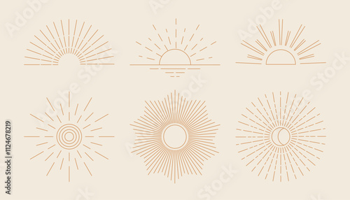 Abstract boho sun set, sunburst. Bohemian minimalist linear sunrise and sunset icon collection. Vector illustration
