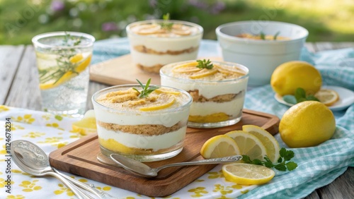 Refreshing lemon tiramisu served in individual cups with lemon slices