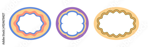 Wavy hippie or funky frames. Vector isolated set of flat oval or circular shapes with copy space. Trendy banners or posters for social media highlights. Collage for album, vivid doodles