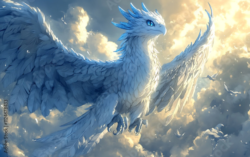 Majestic White Gryphon Soaring Through Heavenly Cloudscape A Breathtaking Fantasy Artwork photo