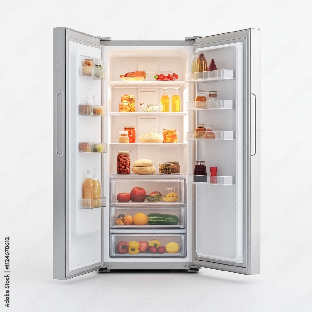 Fully stocked refrigerator with fruits, vegetables, and beverages on white background. Fully stocked refrigerator with fruits, vegetables, and beverages on white background.