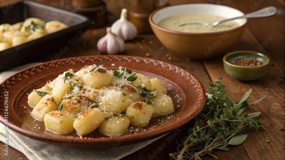 Rustic serving of gnocchi in sage butter sauce with garlic and herbs Rustic serving of gnocchi in sage butter sauce with garlic and herbs