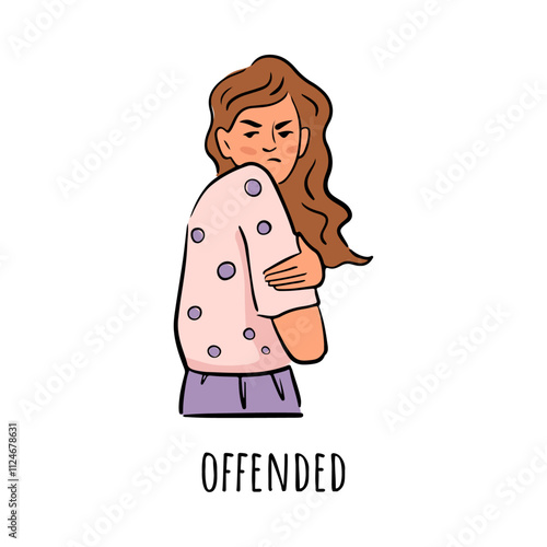 Upset female personage looking at side angrily. Vector flat cartoon character, isolated woman with frowning face. Offended or moody girl hugging her shoulder. Grumpy and touchy emotional lady