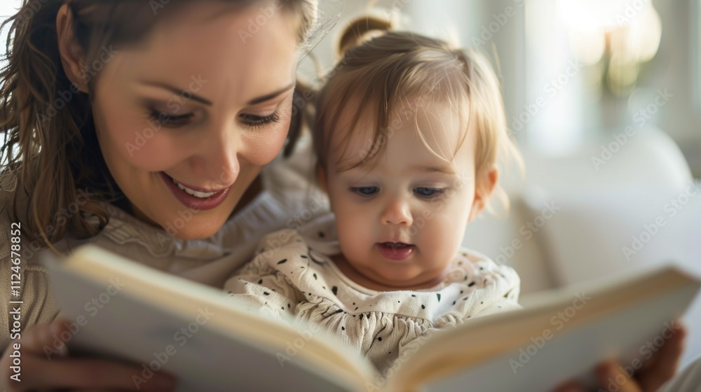 A mother and toddler enjoy a quiet moment together engrossed in a book. A mother and toddler enjoy a quiet moment together engrossed in a book.