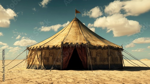 A solitary Arab tent on a blank backdrop.