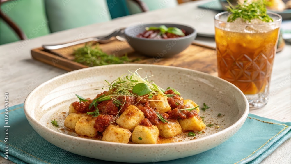 Trendy vegan gnocchi served in a minimalist bowl with garnish Trendy vegan gnocchi served in a minimalist bowl with garnish