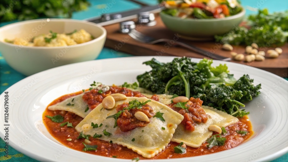 Trendy vegan ravioli served with fresh ingredients and sauce Trendy vegan ravioli served with fresh ingredients and sauce