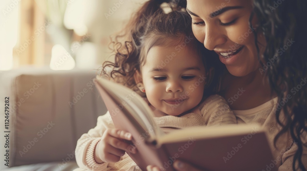 A tender moment Of a young mother and her toddler daughter reading a book together exuding warmth and A tender moment Of a young mother and her toddler daughter reading a book together exuding warmth and