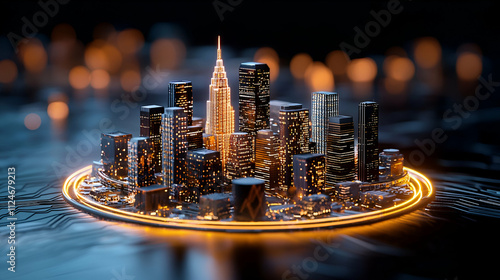 A futuristic city skyline illuminated at night, featuring sleek skyscrapers and a glowing circular base.