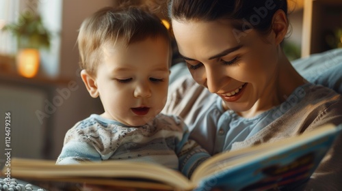 A woman and a child are engrossed in reading a book together sitting comfortably on a couch or bed.