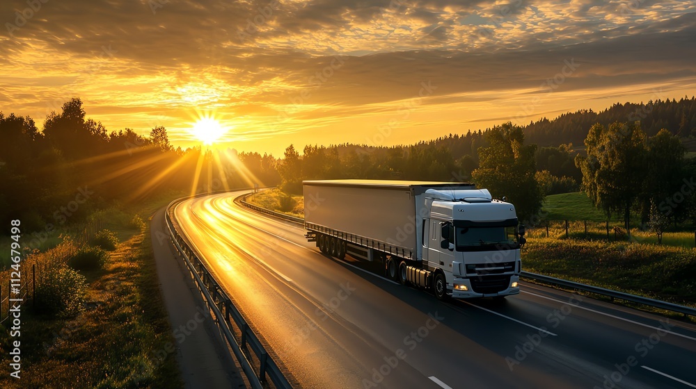 A semi-truck drives along a highway at sunset. A semi-truck drives along a highway at sunset.