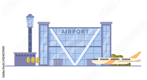 Exterior of airport building with windows, modern design, and observation tower. Vector flat cartoon, isolated terminal for traveling passengers. Takeoff path with aircraft ready for departure