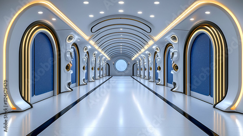 A modern, futuristic hallway featuring sleek design, illuminated arches, and a circular window at the end. photo