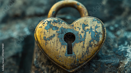 Weathered Heart-shaped Lock on an Old Surface Symbolizing Love, Memories, and Security in a Rustic Setting