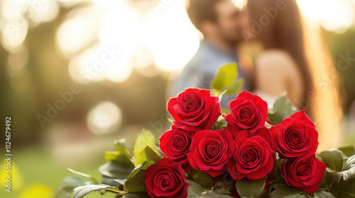 Fototapeta Naklejka Na Ścianę i Meble -  Couple sharing kiss with roses in romantic park