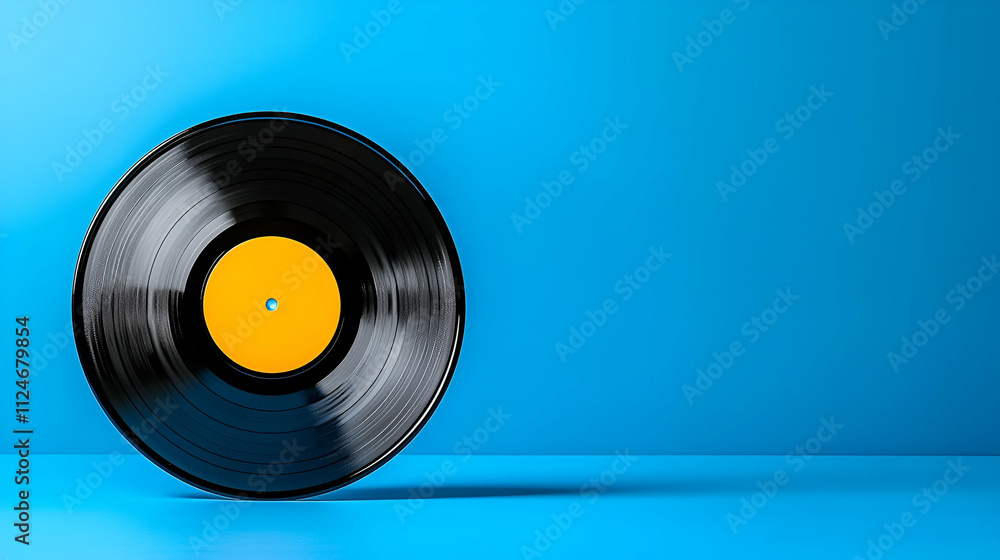 Fototapeta premium Vinyl record with a yellow label against a vibrant blue background, showcasing a retro music aesthetic.