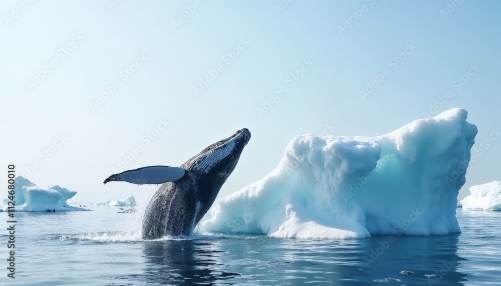 Fototapeta premium Humpback whale joyful breaching near icebergs in serene ocean background