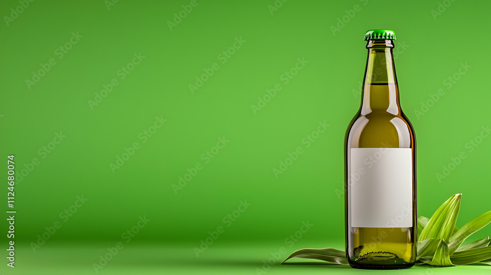 A green background highlights a clear glass bottle with a blank label, accompanied by fresh leaves for a refreshing look. A green background highlights a clear glass bottle with a blank label, accompanied by fresh leaves for a refreshing look.