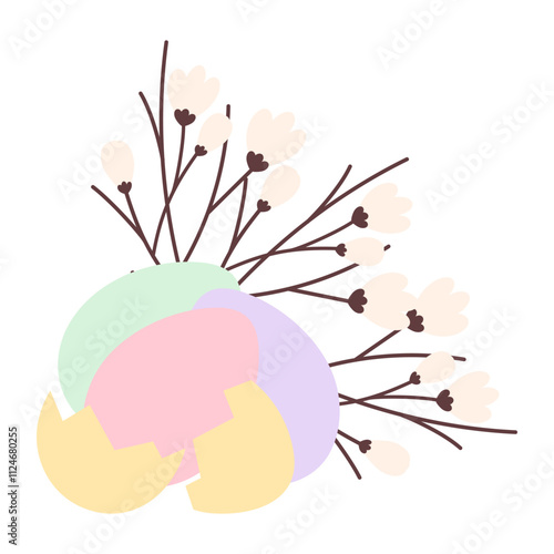 Easter Eggs and cracked eggshell with blossom twigs composition. Easter greeting festive design idea