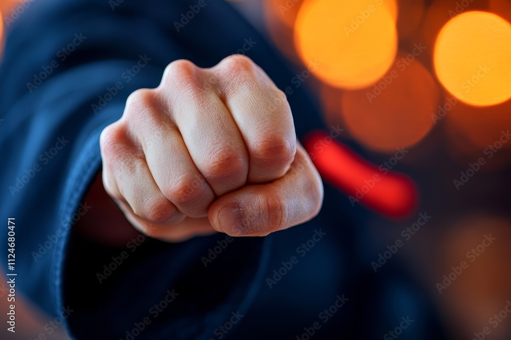 Karate practitioner demonstrating a focused fist during a training session, showcasing technique and discipline Karate practitioner demonstrating a focused fist during a training session, showcasing technique and discipline