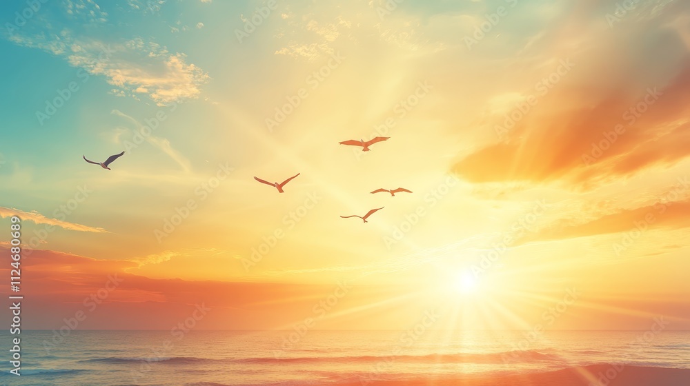 Fototapeta premium Majestic Sunset Ocean Sunrise Birds Flying Golden Hour Sky