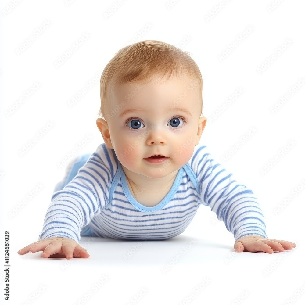 Smiling baby on white background, representing childcare, infant development, baby products, and parenting concepts. Smiling baby on white background, representing childcare, infant development, baby products, and parenting concepts.