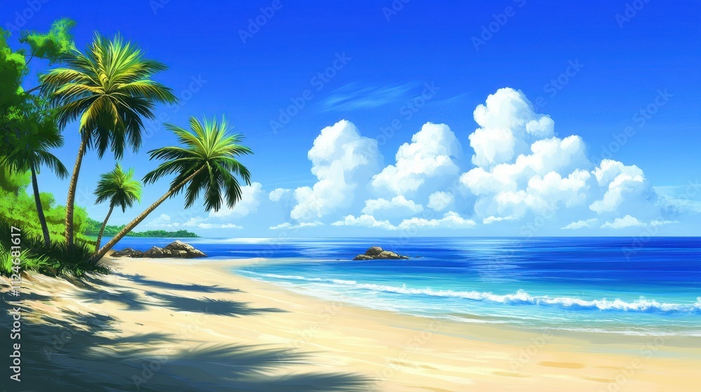 Idyllic Tropical Beach Scene with Palm Trees and Cloudscape Idyllic Tropical Beach Scene with Palm Trees and Cloudscape