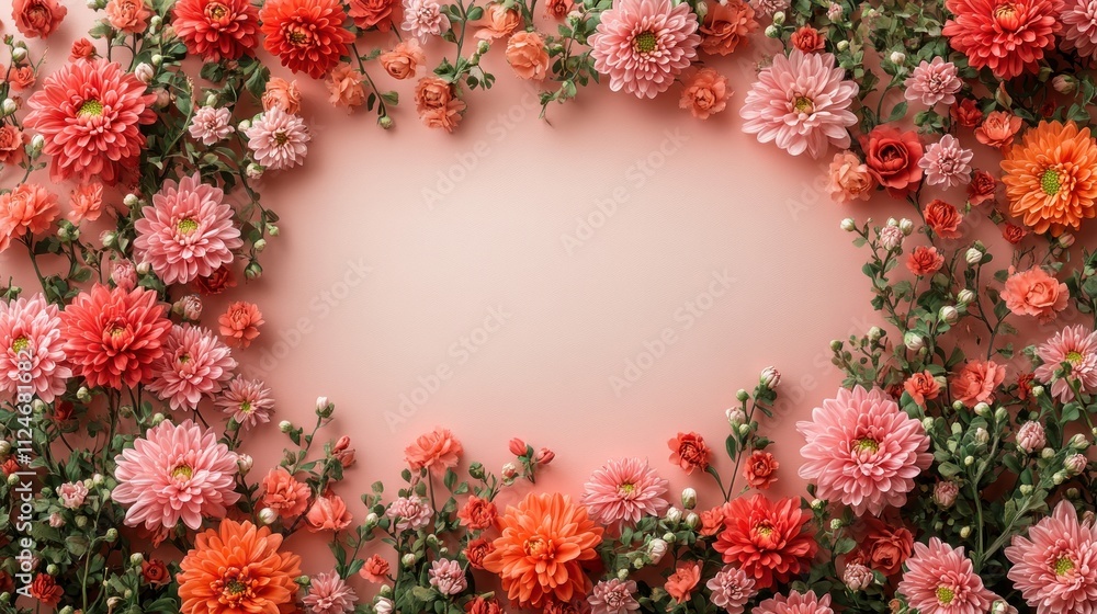 Floral arrangement framing a soft pink background for design use. Floral arrangement framing a soft pink background for design use.