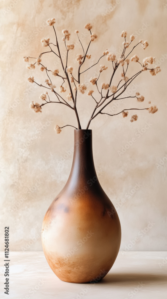 A vase with brown and tan stripes sits on a table A vase with brown and tan stripes sits on a table